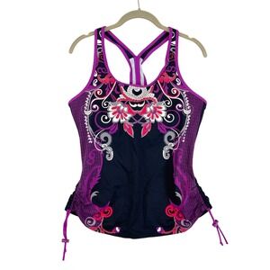Athleta Tankini Top Women's Size L Black Purple Floral‎ Print Racerback Athletic